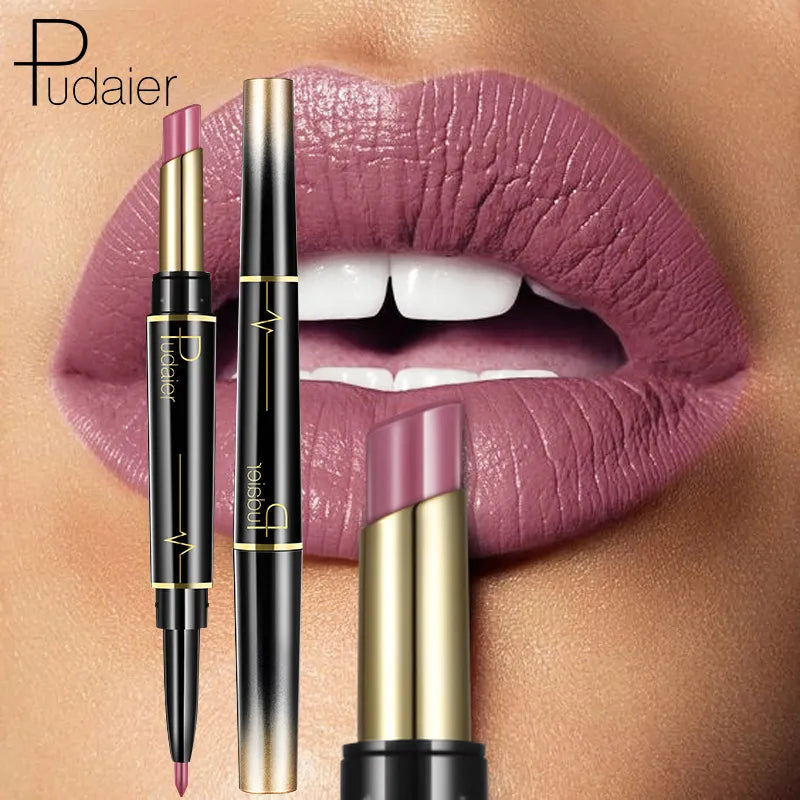 Cardie B Pudaier Makeup 2 in 1 Matte Lipstick & Lip Liner Nude Lip Stick Pencil Make up Cosmetics Lip Balm Matt Cream Lipbalm Lipliner